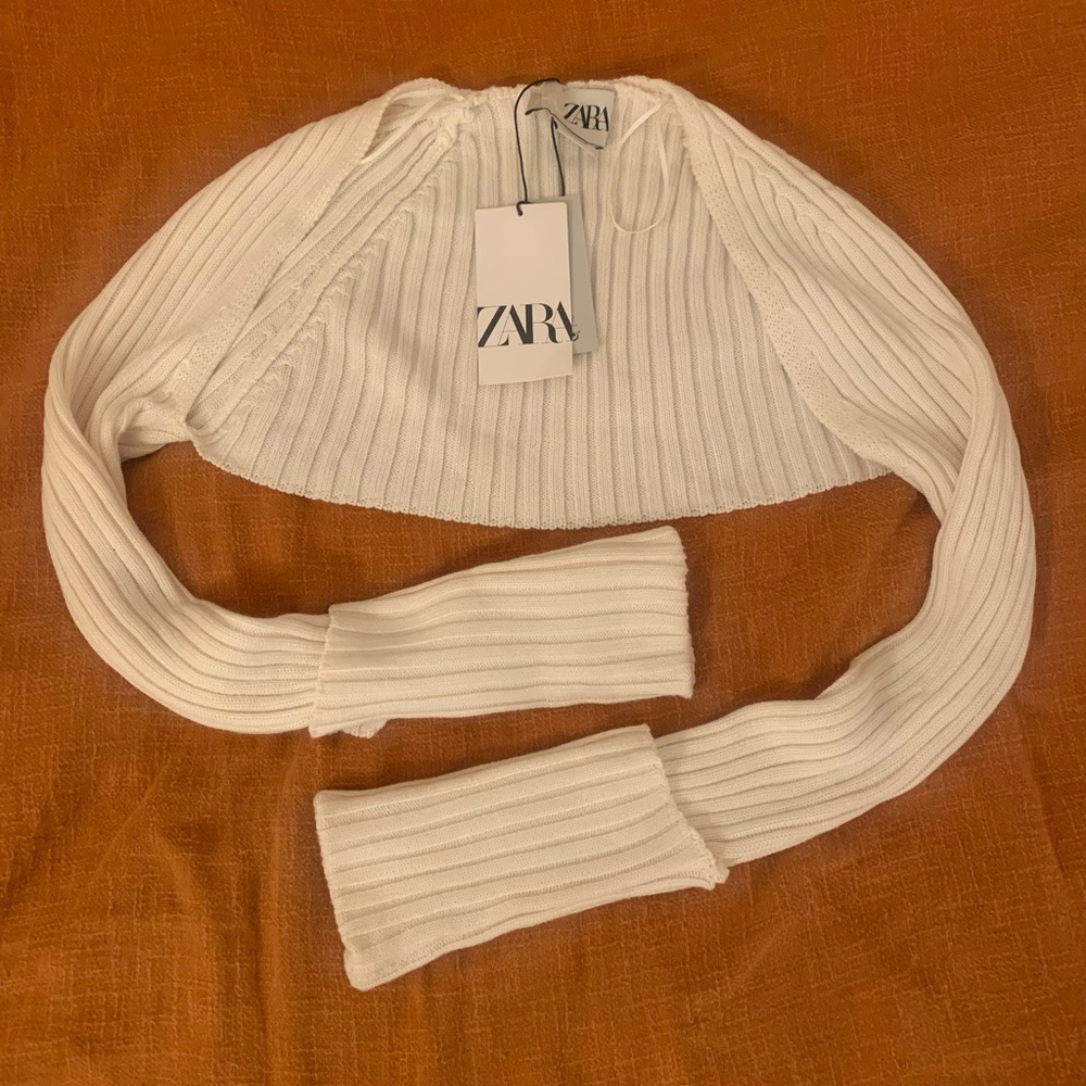 White Zara ribbed cropped bolero cardigan shrug top with cuff sleeves